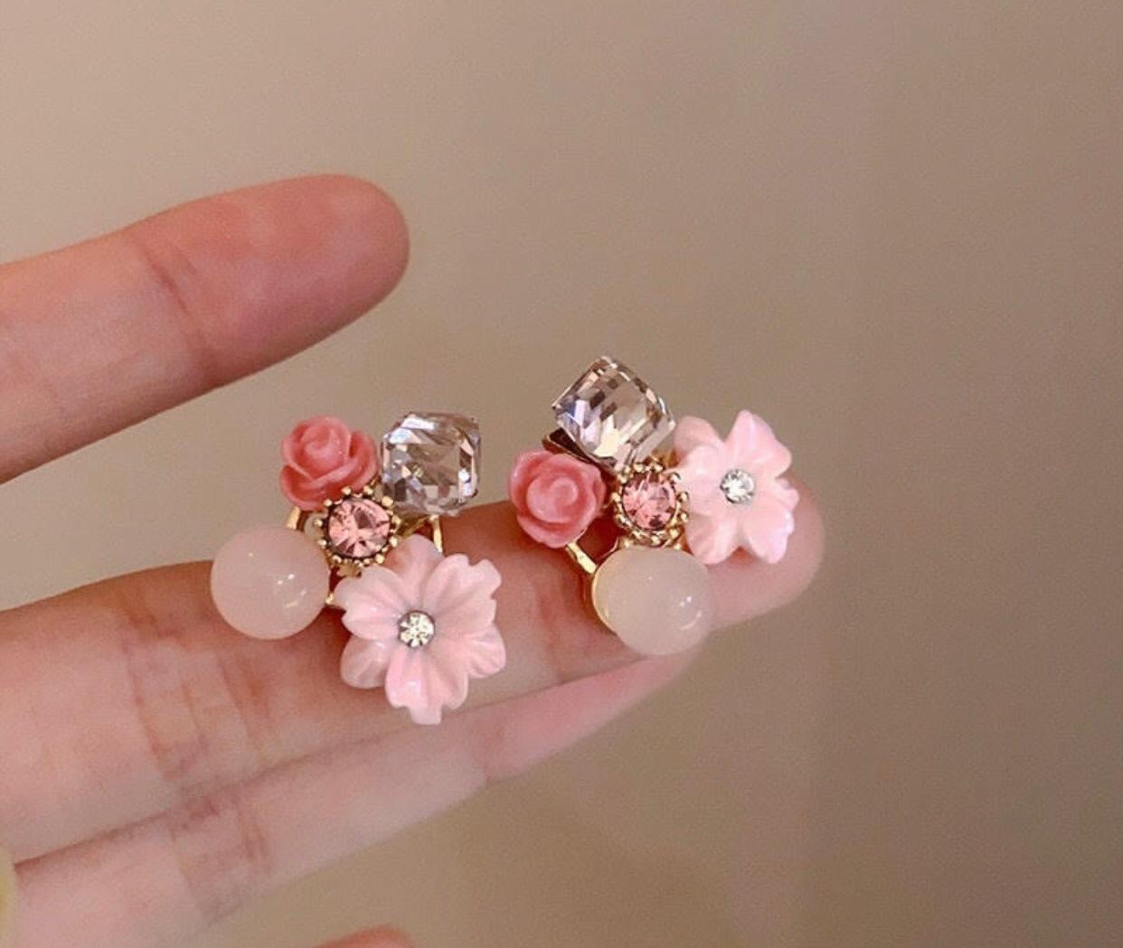Pink Crystal Flower Women's Earrings Earstuds